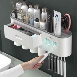 Magnetic Adsorption Inverted Toothbrush Holder Double Automatic Toothpaste Squeezer Dispenser Storage Rack Bathroom Accessories3053