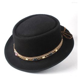 Berets Men Women Pork Pie Hat With Belt Winter Wool Outdoor Travel Jazz Fedora Size 58CM