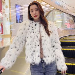 Women's Fur Women Faux Coat Long Sleeves Cardigan Design Leopard Dot Contrast Colour Warm Winter Fall