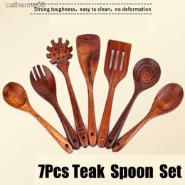 7Pc Wooden Spoons Kitchen Utensils Set Accessories Long Rice Colander Soup Skimmer Cooking Scoop Tool Thailand Teak Natural Wood L230621