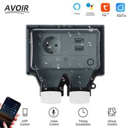 Smart Power Plugs Avoir IP66 Electrical Sockets Tuya Smart Wifi Wall Outdoor Waterproof Socket With Timer EU French Plug Outlets Dual Usb Charging HKD230727