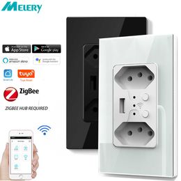 Smart Power Plugs Smart Zigbee Brazil Wall Socket USB Electric Plug Tomada Outlets PC Glass Panel Remote by Tuya Alexa Home Hub Required HKD230727