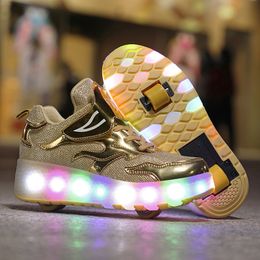 Roller Sneakers 2 Wheels Children Girls Boys Kids Women 2022 Sports Casual Fashion Boots Led Light Flashing Golden Skates Shoes