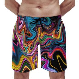 Men's Shorts Liquid Marble Abstract Board Print Men Beach Pants Colorful Stripe Art Oversize Swim Trunks