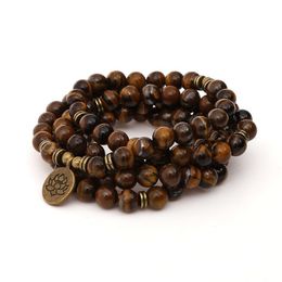 Bangle 8mm Tiger Eye Stone Beads Strand Charm Chakra Bracelet or Necklace Yoga Lotus OM Buddha 108 Mala for Men Women 230726