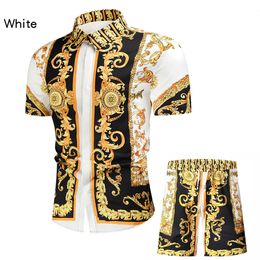 Mens Tracksuits Shirt And Shorts Two Piece Set Men Fashion Vintage Print Beach Suits Lapel Loose Shirts Tops Summer Man Hawaii Seaside Outfits 230727