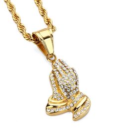 2017 Stainless Steel Praying Hands Pendant Necklace Hip Hop Iced Out CZ Stone Rhinestone Men Women Fashion Prayer Jesus Chains2713