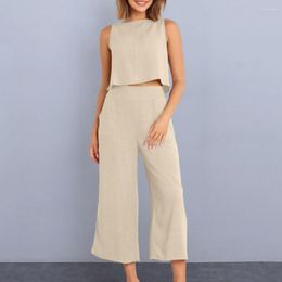 Women's Two Piece Pants Women Outfit Summer O-neck Sleeveless Cropped Tops High Waist Wide Leg Long Set Solid Colour Loose Fit Casual Pant