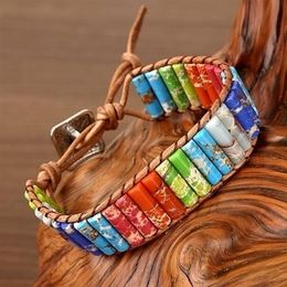 DIEZI Drop Natural Tube Beads Stone Bracelet Leather Wrap Jewelry Bangle for Women Men Handmade 7 Chakra Bracelet308T