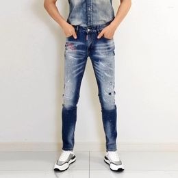 Men's Jeans Fashion Streetwear Men Retro Light Blue Elastic Slim Fit Ripped Brand Designer Embroidery Hip Hop Denim Pants