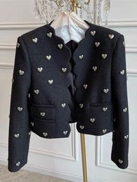 QNPQYX New Autumn Fashion Heart Buckle Black Wool Tweed Short Jacket Coat Women Vintage Long Sleeve V Neck Wave Cardigan Outwear Top