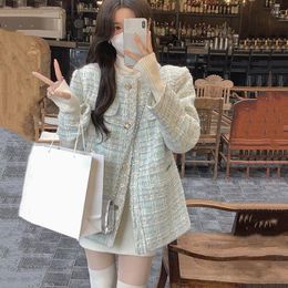 Women's Suits Spring Blue Woven Tweed Short Suit Coat Loose Round Neck Heavy Industry Ladies