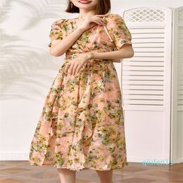 Chiffon Fashion High end Bubble Sleeve V-Neck Fragmented Flower Dress for Womens 2023