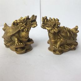 1 pair of copper brass carved trad home decoration fengshui Dragon Turtle longevity Statues metal handicraft296D