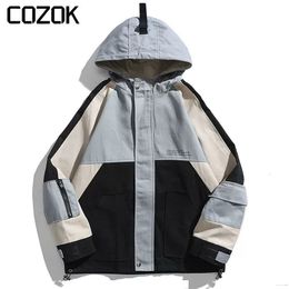 Mens Jackets Korean Fashion Hooded Jacket Men Patchwork Letter Print Harajuku Unisex Zipper College Coat Causal Streetwear Cargo Outwear 230726