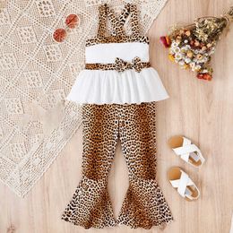 Tench coats Toddler Girls Sling Splicing Leopard Print Bow Flared Pants Two Piece Set For 4 Years Fall Outfits for Baby Girl Gift 230726