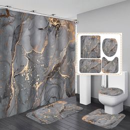Shower Curtains Gold Texture Luxury Stone Grain Bathroom Curtains Toilet Cover and Bath Mat Non-Slip Rug 230727