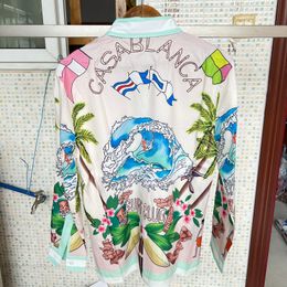 Mens Casual Shirts Colorful CASABLANCA SURF CLUB Long Sleeve Shirt Thin Silk Men Women Hawaii Beach Coconut Scene Impression Print Oversize 230726