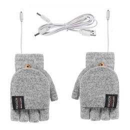 Ski Gloves Winter Halffinger Doublesided USB Heating Lip Cover Wool Warmth Fingerless Mittens 5V Skiing Fishing Heated Glove 230726