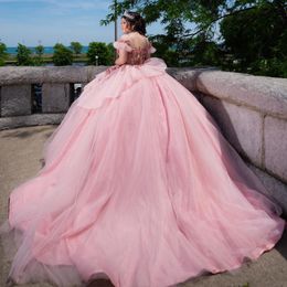 Pink Shiny Princess Quinceanera Dresses Off Shoulder Lace Appliques 3DFlower Ball Gown Sweet 16 Dresses vestidos de 15 anos