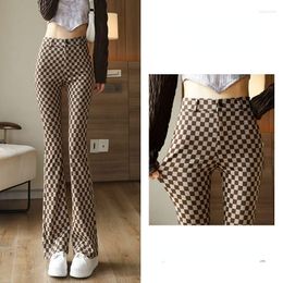 Women's Pants Woman Plaid Print Split Wide Leg Female High Waist Straight Micro Mop Autumn Ladies Stretch Flare G110