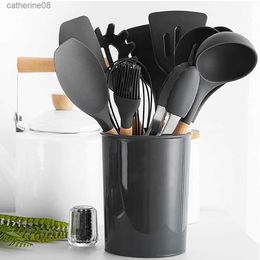 Black Silicone Cooking Utensils Set Non-stick Kitchenware Spatula Shovel Egg Beaters Wooden Handle Kitchen Cooking BBQ Tool Set L230621