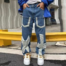 Men's Jeans West Original Patch Multi-pocket Mens Hip Hop Womens Personality Cross Patchwork Burr Edge Straight Jean Pants Baggy