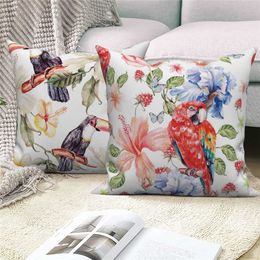 Cushion/Decorative Customizable White Throw Cover Home Decor Sofa Decorative Cover Parrot Bird Flower Painting Cushion Cover