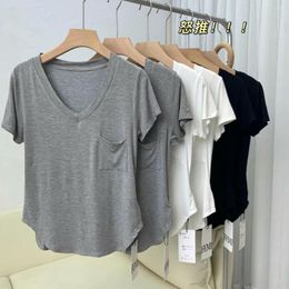 Women's T Shirts Solid Modal Women T-Shirts Summer Design 2023 V-Neck Pocket Loose Soft Casual All Match Female Pulls Tops Tees