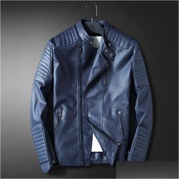 Men'S Leather Faux Wholesale- Ledingsen Mens Blue Motorcycle Jacket Men Slim Fit Red Casual Coat Autumn Winter Clothing Drop Deliv Dhldn