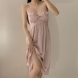 Women's Sleepwear Sexy Long Suspender Nightdress Women Gwon Sleeveless Hollow Out Nightgown Summer Silky Satin Home Wear Nightwear