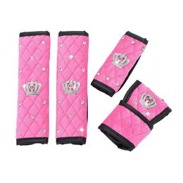 4PCS Set Car Handbrake Hand Brake Cover Gear Shift Knob Cover Auto Seat Belt Covers Crown Decor Pink Purple272O