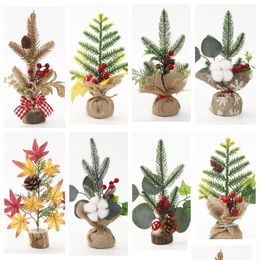 Christmas Decorations Mini Tree Table 8 Small Artificial Trees With Red Berries Pine Cone Greenery Tabletop Centerpiece For Home Offic Dho7X