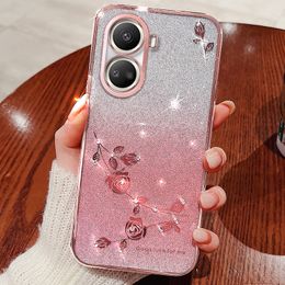 Flower Bling Diamond Cases For Samsung S23 FE S22 Ultra S21 Plus A04E A14 5G A34 A54 A73 A24 A23 A13 A53 M54 M14 M53 Crystal Glitter Soft TPU Chromed Plating Gradient Cover