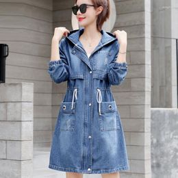 Women's Trench Coats 2023 Spring And Autumn Mid Length Denim Coat Hooded Zipper Drawstring Slim Fit Cowboy Jackets Women Fashion