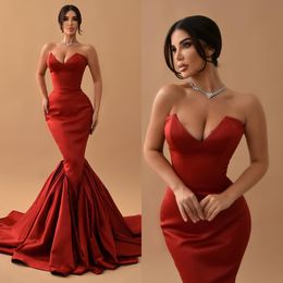Elegant Red Mermaid Evening Dresses Sweetheart Party Prom Sweep Train Long Dress For Red Carpet Special Ocn