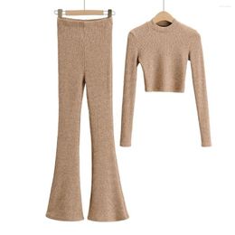 Women's Sweaters 2023 Spring Summer Women Knitted Tracksuits 2 Piece Sets Shirt Capri Straight Wide Leg Pant Suits