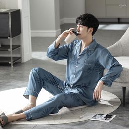 Men's Sleepwear Blue Leaves Print Pyjama Sets Simple Satin Long Sleeve Top And Pant Set Leisure Soft Loungewear