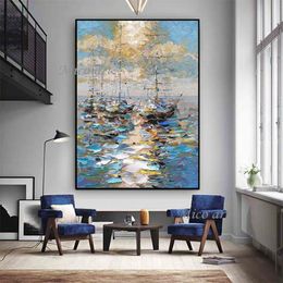 Sculptures Abstract Seaside Scenery Heavy Textured Thick Oil Painting Sailing Boat Ship Art Handpainted Unframed Seascape Wall Canvas Art