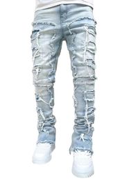 Men Jeans Slim Fit Straight Denim Pants Stretch Patchwork Denim Straight Leg Pants