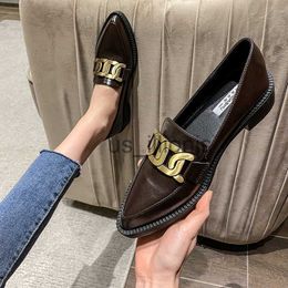 Dress Shoes British Metal chain small leather shoes women oxfords sneakers derbies shallow pointed toe thick heels loafers ladies flats 2021 J230727