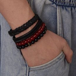Charm Bracelets 4 PCS/Set Cool Beads Braided Wrap Leather Bracelet For Men Handmade Friendship Male Boys Wrist Hand Jewelry Gift Bangle 2023