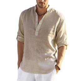 Mens Casual Shirts summer Blouse Cotton Linen Shirt Loose Tops Long Sleeve Tee Handsome 5XL 230726
