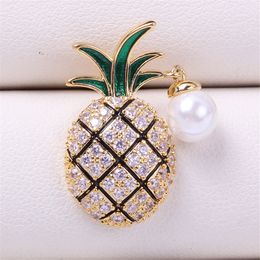 Pins Brooches DIY Pearl Accessories with Copper Plated Gold Micro Inlaid Zircon Cute Pineapple Jade Brooch Jewelry Versatile for Women 230727