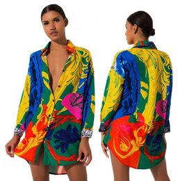 2023 New Fashion Women Shirt Dress Long Sleeve Vestidos Designer Dresses Colorful Painted One Piece Wholesale Clothing