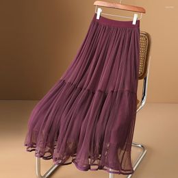 Skirts Fashion Pleated Long Skirt Casual Loose Organza Chiffon A-LINE All-Match Women Spring Summer 2023 Black Green