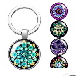 Keychains Lanyards Colorf Dots Patterns Flowers Fashion Glass Cabochon Keychain Bag Car Key Rings Holder Sier Plated Chains Men Wome Dhdgj