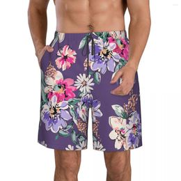 Men's Shorts Mens Swimwear Swim Trunks Beach Board Swimsuits Running Sports Surffing Flower On Purple Quick Dry