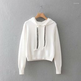 Women's Sweaters 2023 Women Faux Diamonds Beading Hooded Knitted Sweater Long Sleeve Stretchy Solid Pullovers Female Casual Chic Tops