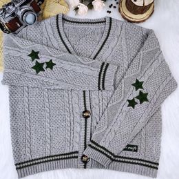 Women's Knits Women Cardigan Jacket Sweaters Autumn Winter Solid Long Sleeve Star Embroidered Lor V-neck Knitted Sweater Coat